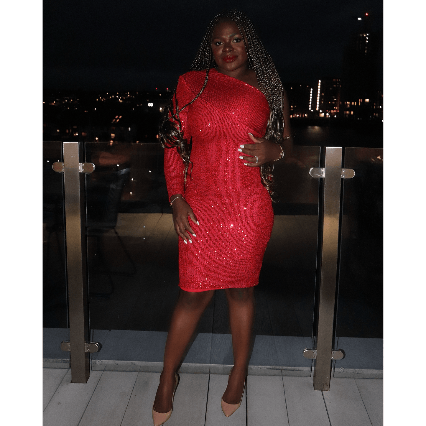 SAFFI Red One Shoulder Sequin Midi Dress