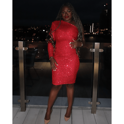 SAFFI Red One Shoulder Sequin Midi Dress