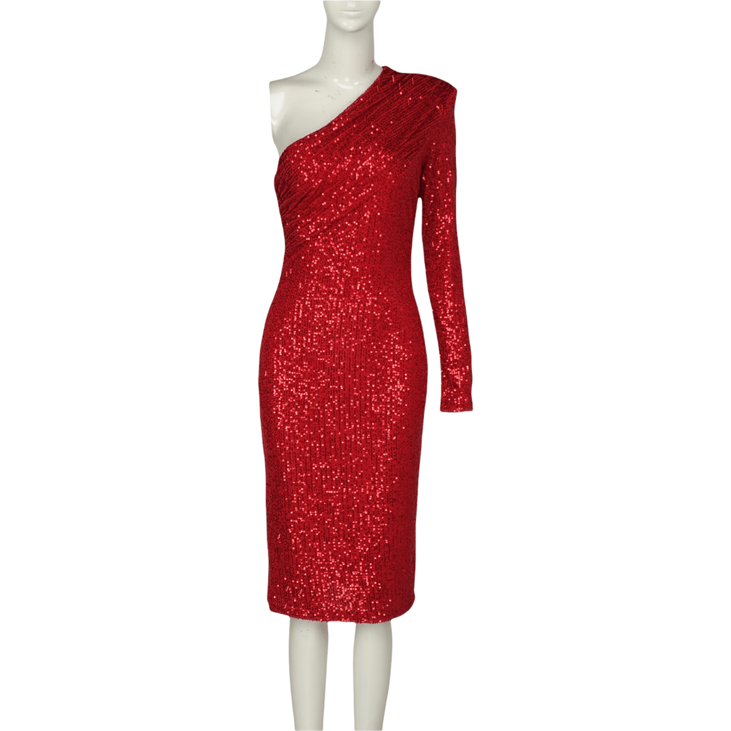 SAFFI Red One Shoulder Sequin Midi Dress