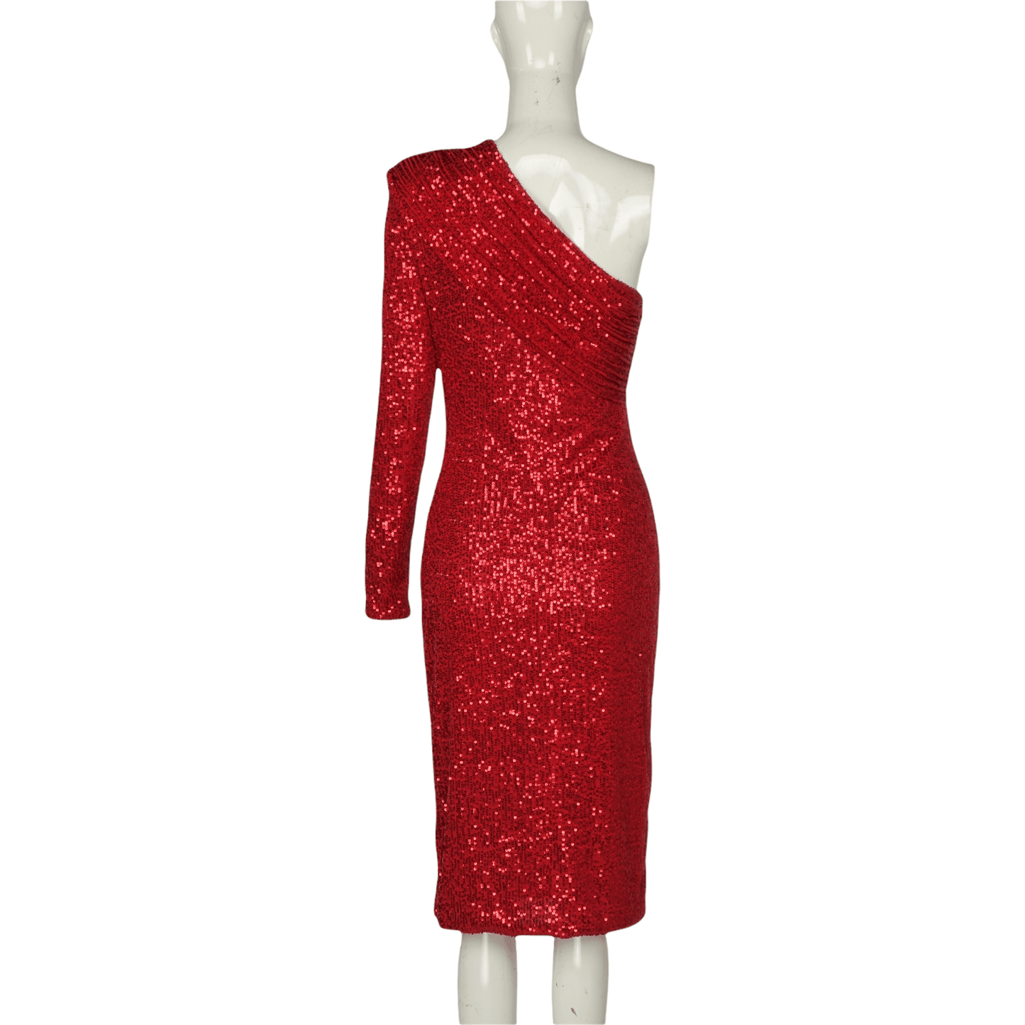 SAFFI Red One Shoulder Sequin Midi Dress