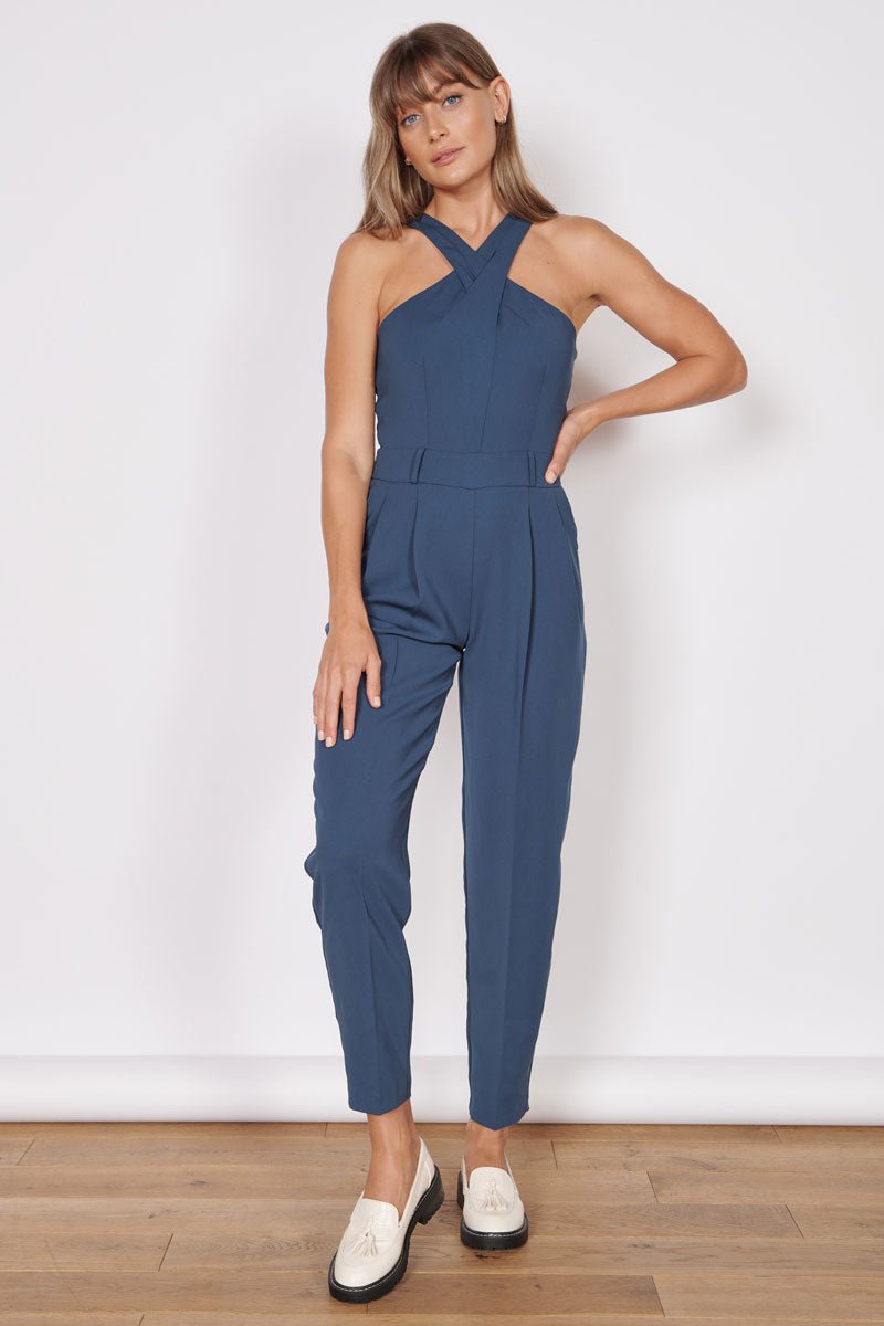 Renee Navy High Cross Neck Tailored Jumpsuit