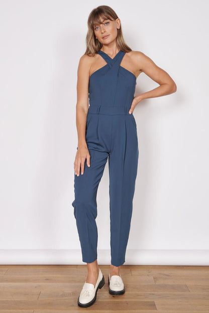 Renee Navy High Cross Neck Tailored Jumpsuit