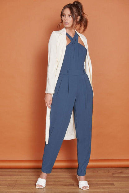 Renee Navy High Cross Neck Tailored Jumpsuit