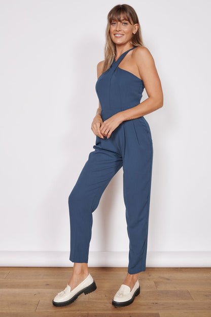 Renee Navy High Cross Neck Tailored Jumpsuit