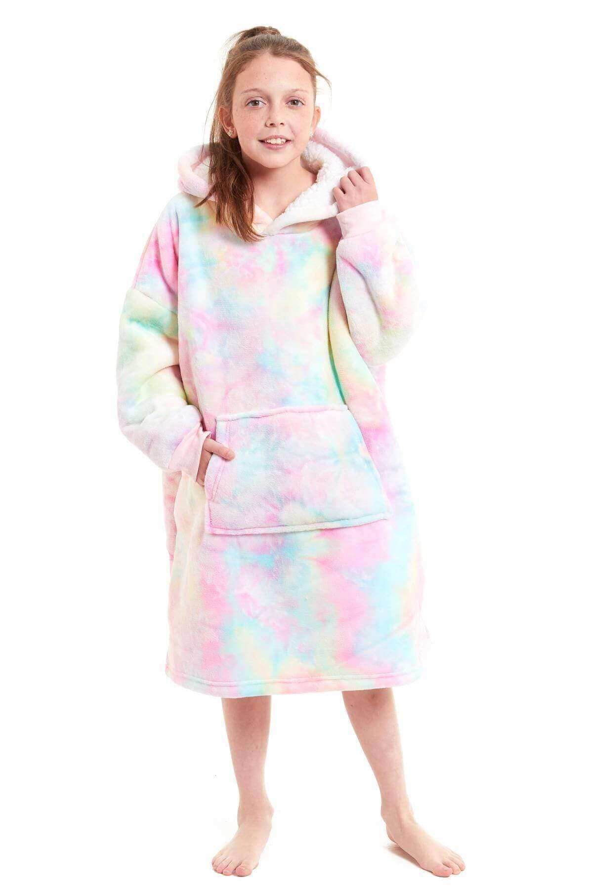 Kids Oversized Hooded Fleece Blanket with Reversible Sherpa Double Pocket Ultra-Soft Cozy Wearable Blanket for Lounging and Outdoor Ages 8-15 by Daisy Dreamer
