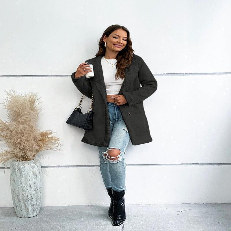 Lapel Suede Elegant Faux Leather Woollen Long Jacket