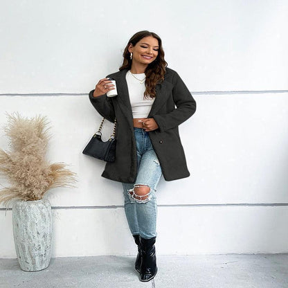 Lapel Suede Elegant Faux Leather Woollen Long Jacket