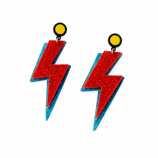 Lightning Bolt Earrings UK – Glitter Statement Drop Earrings (Red & Blue Glam Rock Style)
