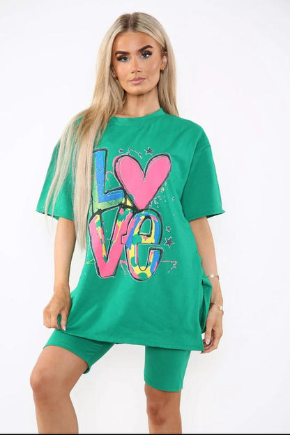 Cycling Short and T-Shirts Co-Ord Two Piece Side Slit Set with Front Printed Slogan