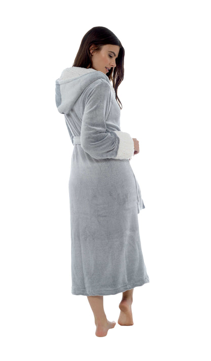 Women's Luxurious Shimmer Grey Fleece Dressing Gown With Sherpa Fur Hood Plush Flannel Bath Robe Elegant Silver Soft Cozy Loungewear by Daisy Dreamer