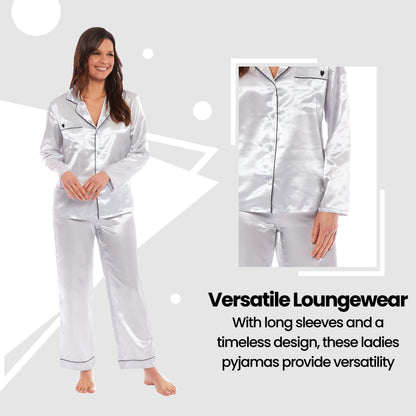Luxurious Women's Satin Silk Long Sleeve Pyjama Set Cozy Loungewear Nightwear with Dress Shirt Collar and Loose-Fitting Pants in Black Pink Grey by Daisy Dreamer
