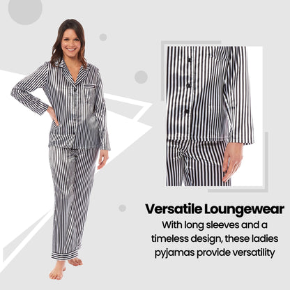 Luxurious Women's Satin Silk Long Sleeve Pyjama Set Cozy Loungewear Nightwear with Dress Shirt Collar and Loose-Fitting Pants in Black Pink Grey by Daisy Dreamer