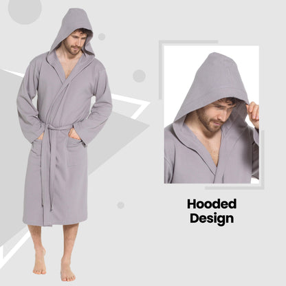 Men’s Hooded Waffle Cotton Bathrobe Grey Super Absorbent Spa Robe Luxury Dressing Gown for Home & Loungewear by Sock Stack
