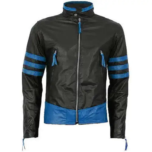 Men's Black Leather Motorcycle Racing Jacket with Blue Stripes-0