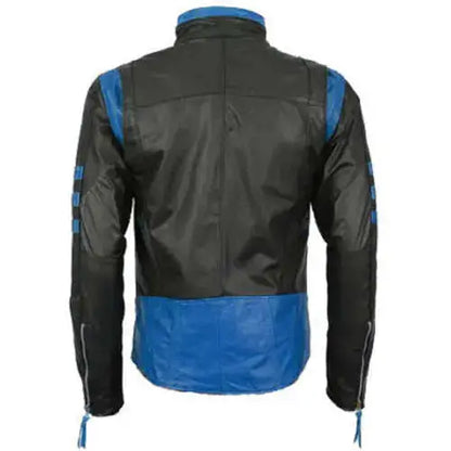 Men's Black Leather Motorcycle Racing Jacket with Blue Stripes-1