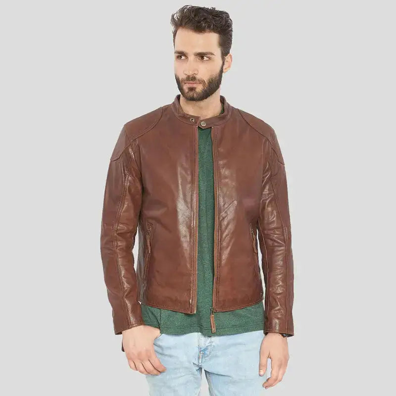 Mens Brown Buffalo Leather Biker Jacket