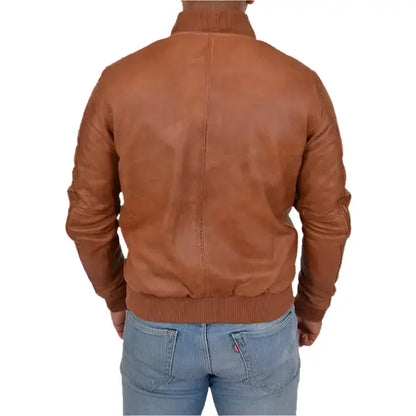 Men’s Tan Leather Varsity Bomber Jacket