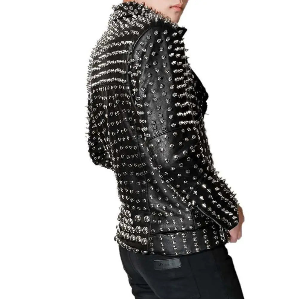 Men’s Lambskin Leather Jacket with Full Silver Studded Detail