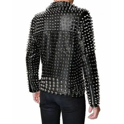 Men’s Lambskin Leather Jacket with Full Silver Studded Detail