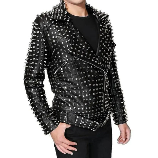 Men’s Lambskin Leather Jacket with Full Silver Studded Detail