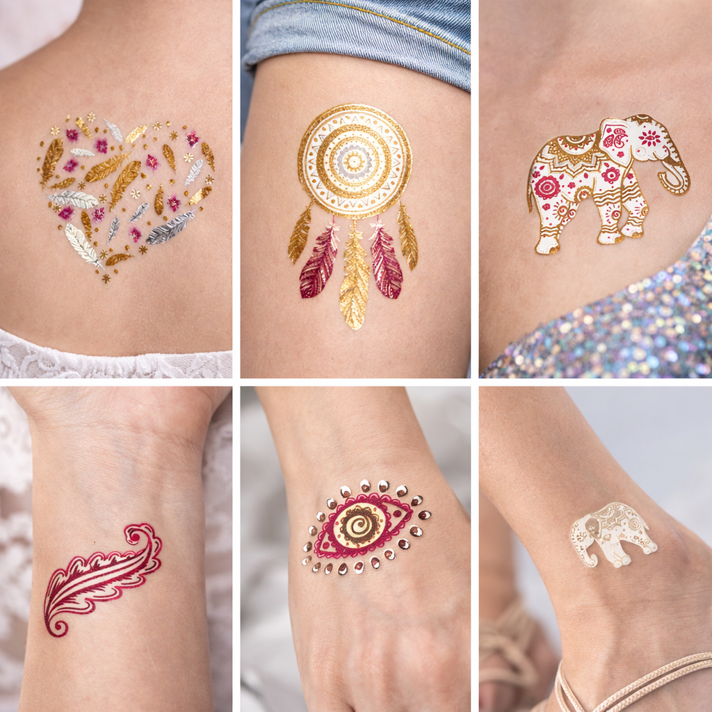 Festival Temporary Tattoos – Metallic Gold, Silver & Pink “Loving Kindness” Face & Body Tattoos