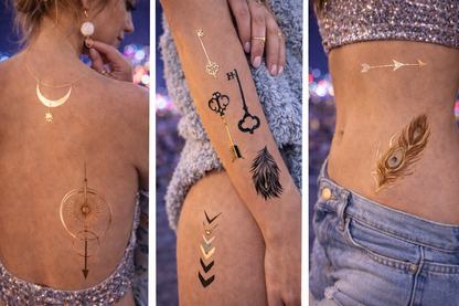 Transcendence Temporary Tattoos – Metallic Gold, Silver & Black | Luxury Festival Face & Body Art