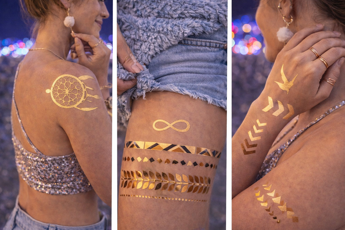 Presence Temporary Tattoos – Metallic Gold, Silver & Black | Minimal Festival Face & Body Art