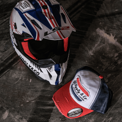 White & Red Flat Track Trucker Hat