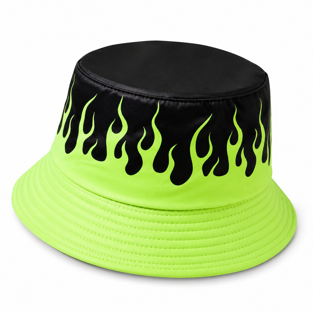 Neon Green Flame Bucket Hat – Black Festival & Rave Hat