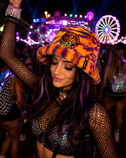 Handmade Neon Tiger Stripe Furry Bucket Hat – Good Vibes Festival Rave Hat