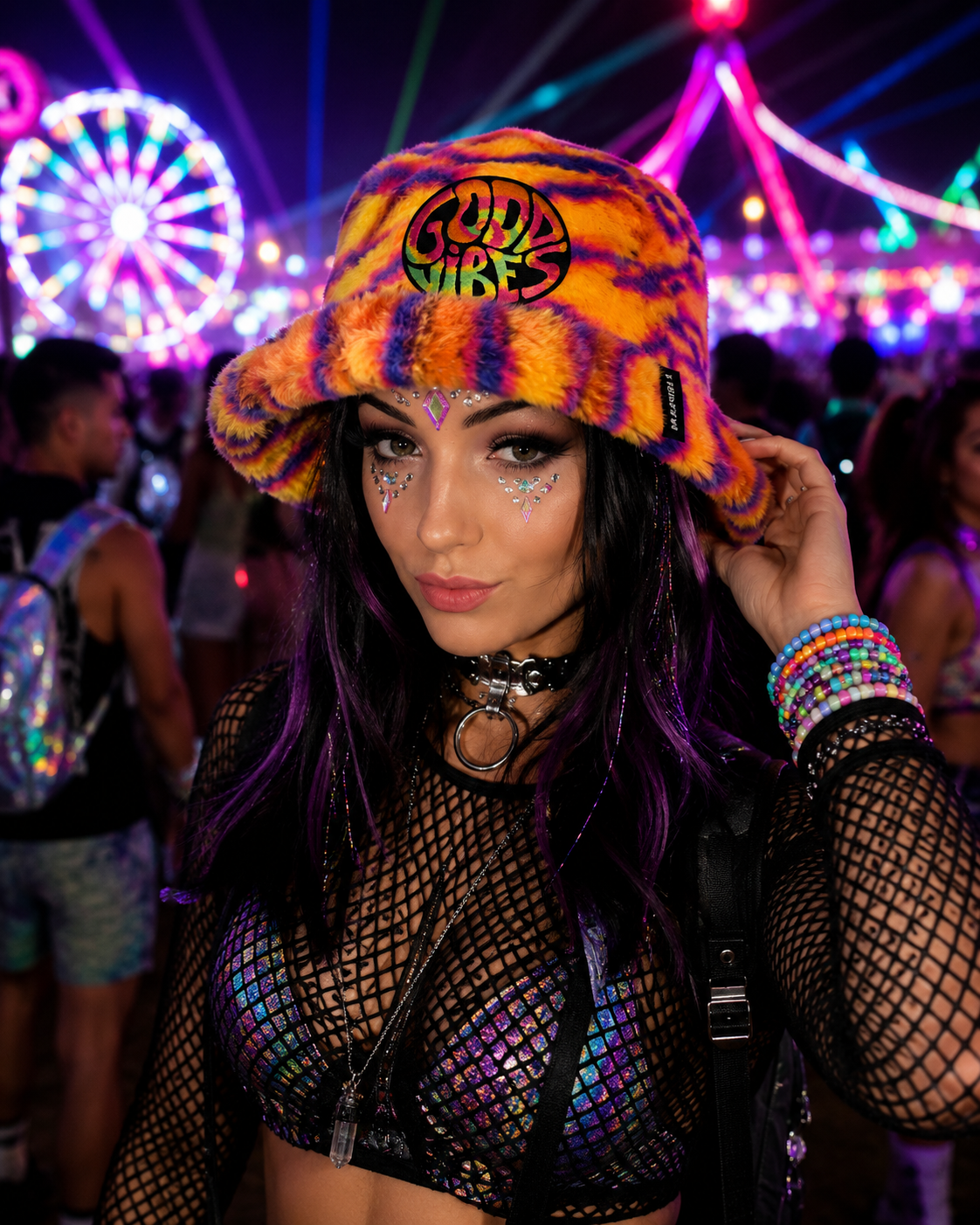 Handmade Neon Tiger Stripe Furry Bucket Hat – Good Vibes Festival Rave Hat