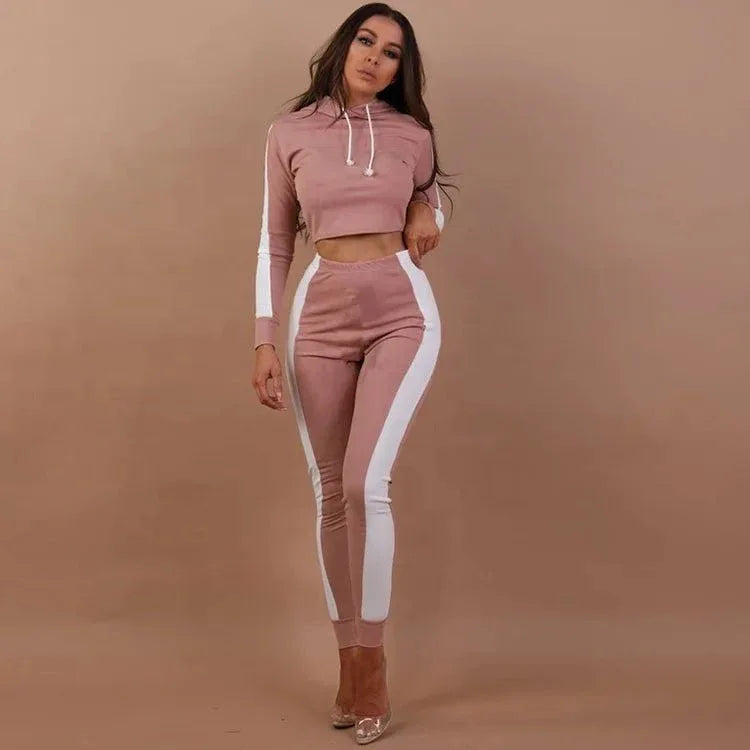 Ladies Work Out Crop Hoodie Joggers Set with Gym Suit - 3-Piece Ladies Tracksuit Set