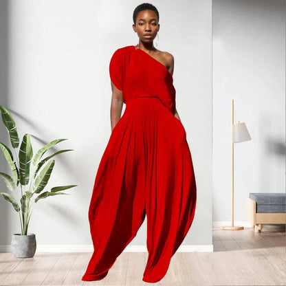 One Shoulder Top Solid Colour Women 2 Piece Pants Set