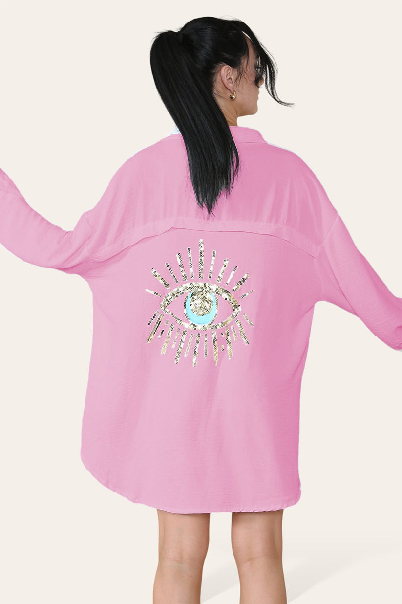 Oversized Long Sleeve Gold Sequin Eye Button Up Shirt