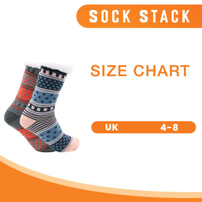 Pack of 2 Women's Fur Lined Chunky Slipper Socks Soft Warm & Cozy Winter Non-Slip Knitted Lounge Bed Socks by Socks Stack.