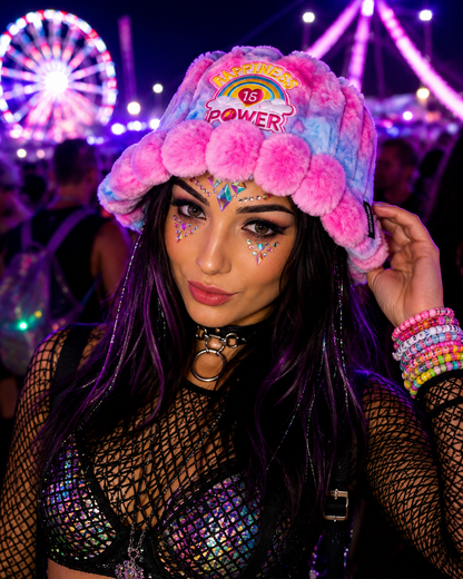 Pastel Pink & Blue Furry Bucket Hat – Happiness Is Power Festival Hat