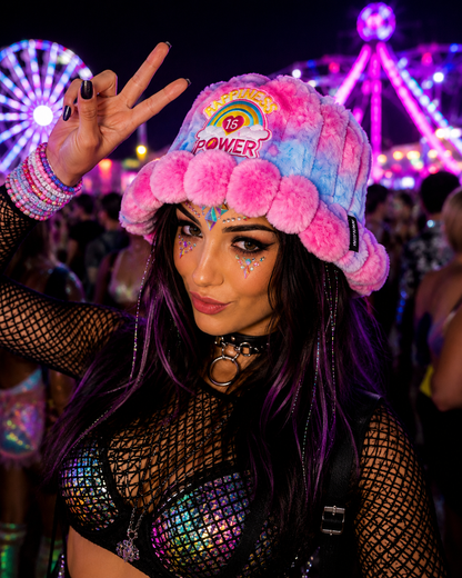 Pastel Pink & Blue Furry Bucket Hat – Happiness Is Power Festival Hat