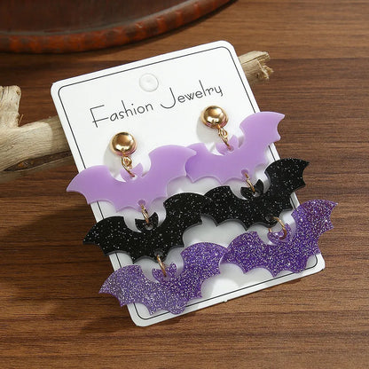 Dark Gothic Style Acrylic Bat Earrings Women's Halloween Series Purple Black Color Ear Jewelry Fashionable Casual Sporty