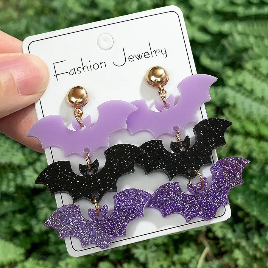 Dark Gothic Style Acrylic Bat Earrings Women's Halloween Series Purple Black Color Ear Jewelry Fashionable Casual Sporty