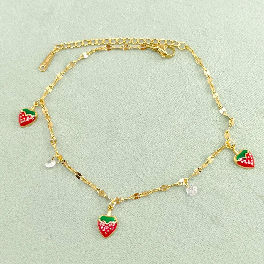Wholesale Jewelry Cute Pastoral Simple Style Lemon Cherry Strawberry 304 Stainless Steel Acrylic Zircon 18K Gold Plated Plating Inlay Anklet