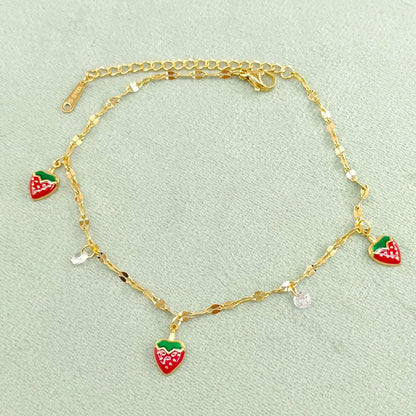 Wholesale Jewelry Cute Pastoral Simple Style Lemon Cherry Strawberry 304 Stainless Steel Acrylic Zircon 18K Gold Plated Plating Inlay Anklet