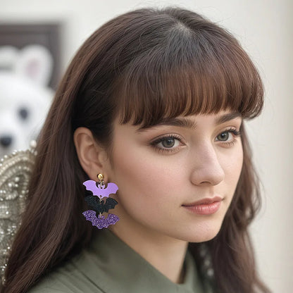 Dark Gothic Style Acrylic Bat Earrings Women's Halloween Series Purple Black Color Ear Jewelry Fashionable Casual Sporty