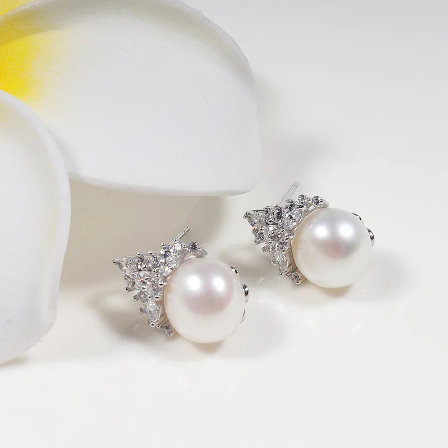 1 Pair 925 Sterling Silver Freshwater Pearl Freshwater Pearl Solid Color Ear Studs