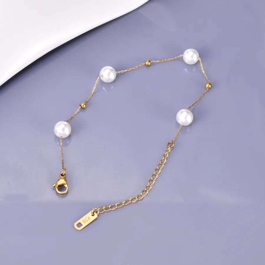 Wholesale Jewelry Simple Style Solid Color 304 Stainless Steel Imitation Pearl Titanium Steel 18K Gold Plated Plating Bracelets Anklet