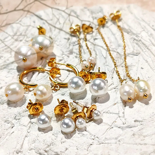 1 Pair 14K Gold Plated Freshwater Pearl Titanium Steel Pearl Geometric Drop Earrings Ear Studs