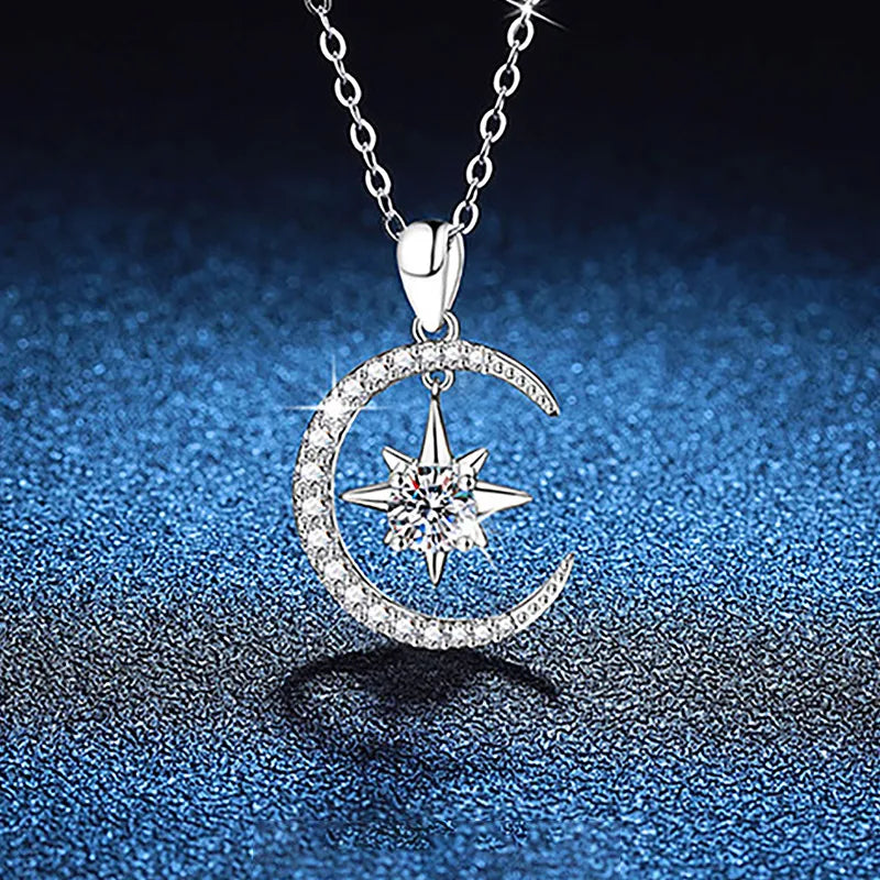 0.5ct Moissanite 925 Sterling Silver Pendant Necklace GRA Certificate Round Brilliant Cut Star Moon White Gold Plated Pendant Necklace