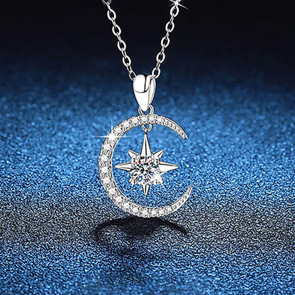 0.5ct Moissanite 925 Sterling Silver Pendant Necklace GRA Certificate Round Brilliant Cut Star Moon White Gold Plated Pendant Necklace