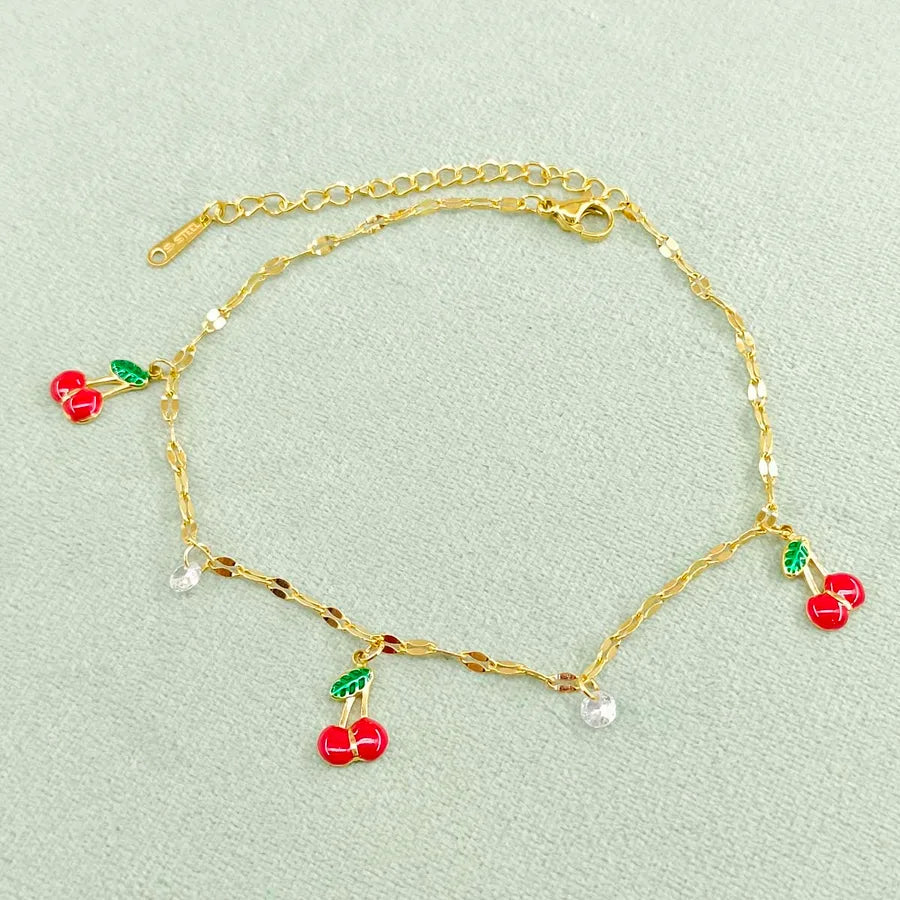 Wholesale Jewelry Cute Pastoral Simple Style Lemon Cherry Strawberry 304 Stainless Steel Acrylic Zircon 18K Gold Plated Plating Inlay Anklet