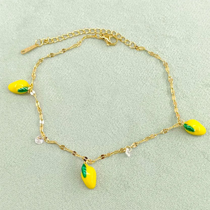 Wholesale Jewelry Cute Pastoral Simple Style Lemon Cherry Strawberry 304 Stainless Steel Acrylic Zircon 18K Gold Plated Plating Inlay Anklet