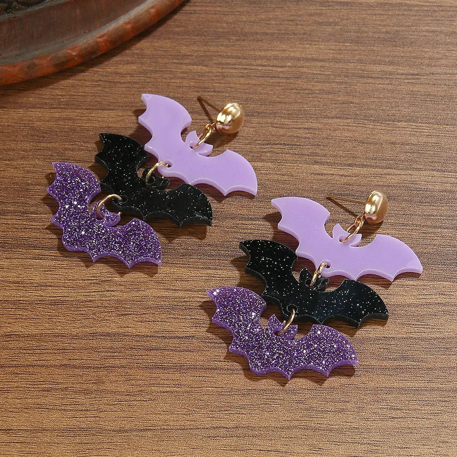 Dark Gothic Style Acrylic Bat Earrings Women's Halloween Series Purple Black Color Ear Jewelry Fashionable Casual Sporty